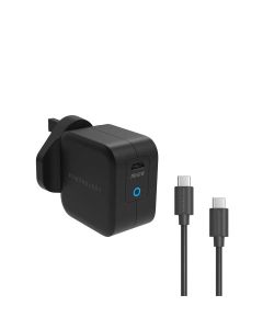Powerology Ultra-Compact 61W PD GaN Charger UK with Type-C to Type-C Cable 2M - Black