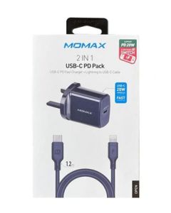 MOMAX 2 IN 1 USB-C PD Fast Charger with Lightning Cable - Blue