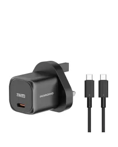 Porodo Pd 20w Usb-c Output Uk Fast Charger With Usb-c To Usb-c Cable - Black