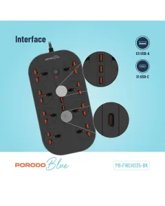 Porodo Blue 8 AC Power Strip - Black