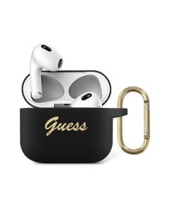Guess Silicone Printed Script Case with Ring for Airpods 3 - Black