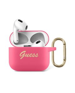Guess Silicone Printed Script Case with Ring for Airpods 3 - Fuchsia Pink