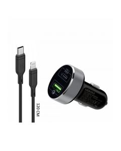 MOMAX 2 IN 1 USB-C PD Car Fast Charger 20W with Lightning To USB C Cable - Black