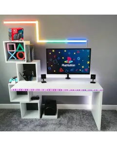 Gaming Desk With Detachable Cube Shelves RGB – White