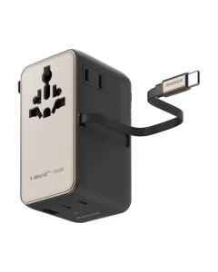 Momax 1-World²⁺ 4-Port Mini Universal Travel GaN Charger with Built-In Retractable Cable 100W with Dual AC - Titanium