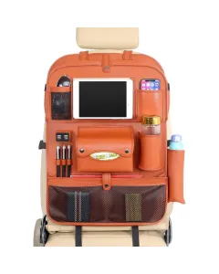 CAR ORGANIZER PU WATERPROOF SEAT BACK + PROTECTORS + 4USB + IPAD HOLDER TISSUE BOX TRAY WITH TABLE - BROWN
