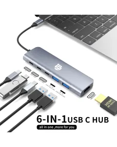 Yuanshan 6 IN 1 USB C HUB with PD 100W + 3 x Type C Data + HDMI 4K60HZ + USB A 3.1 power delivery multi port adapter