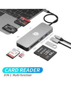 Yuanshan 8-in-1 USB C Hub with Power Delivery - USB 3.0 Ports & SD/XQD/CF Card Reader