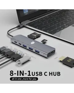 Yuanshan 8 IN 1 USB C HUB with HDMI 4K30HZ + PD 100W + Type C Data + 3 x USB A 3.0 +SD +TF card reader slot power charging multiport adapter docking station