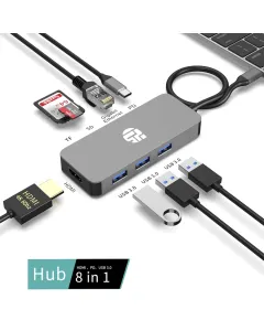 Yuanshan 8-in-1 USB-C Hub with 4K 60Hz HDMI, 100W PD Charging, Gigabit Ethernet, 10Gbps USB 3.1 Ports, SD/TF Card Reader, Multiport Docking Station
