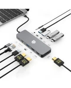 Yuanshan 11-in-1 USB-C Docking Station with Dual HDMI, DP 4K, Gigabit Ethernet, Audio, and 100W PD