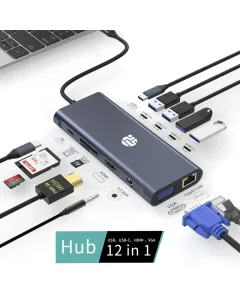 Yuanshan 12-in-1 USB-C Docking Station with 4K HDMI, VGA, USB 3.0 Hub, 100W PD, SD/TF Card Reader, Gigabit Ethernet, Audio – Universal Type-C Dock