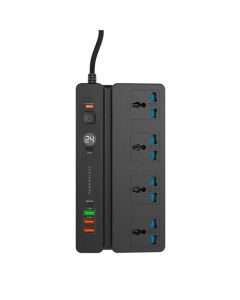 Powerology 4 AC 3 USB & USB-C PD 35W Multiport Socket with Phone Stand and Timer 3M - Black
