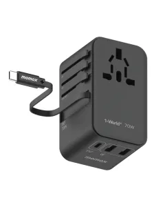Momax World+ 3-ports Travel Charger Built-in Usb-c Cable (Gan 70w) - Black