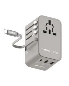 Momax World+ 3-ports Travel Charger Built-in Usb-c Cable (Gan 70w) - Grey