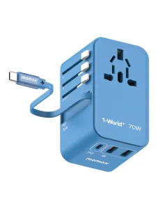 Momax World+ 3-ports Travel Charger Built-in Usb-c Cable (Gan 70w) - Blue