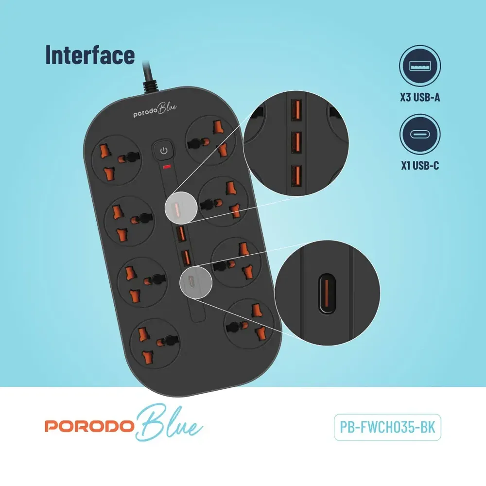 Porodo Blue 8 AC Power Strip