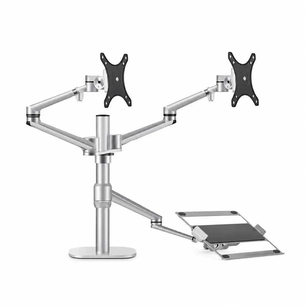 Gamvity OL-10T Full-Motion Triple Mount – Dual 17–32" Monitors + 12–17" Laptop Arm
