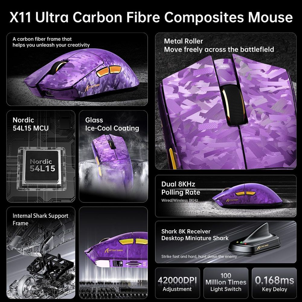 ATTACK SHARK X11 Ultra Wireless Gaming Mouse - Purple for Ultimate